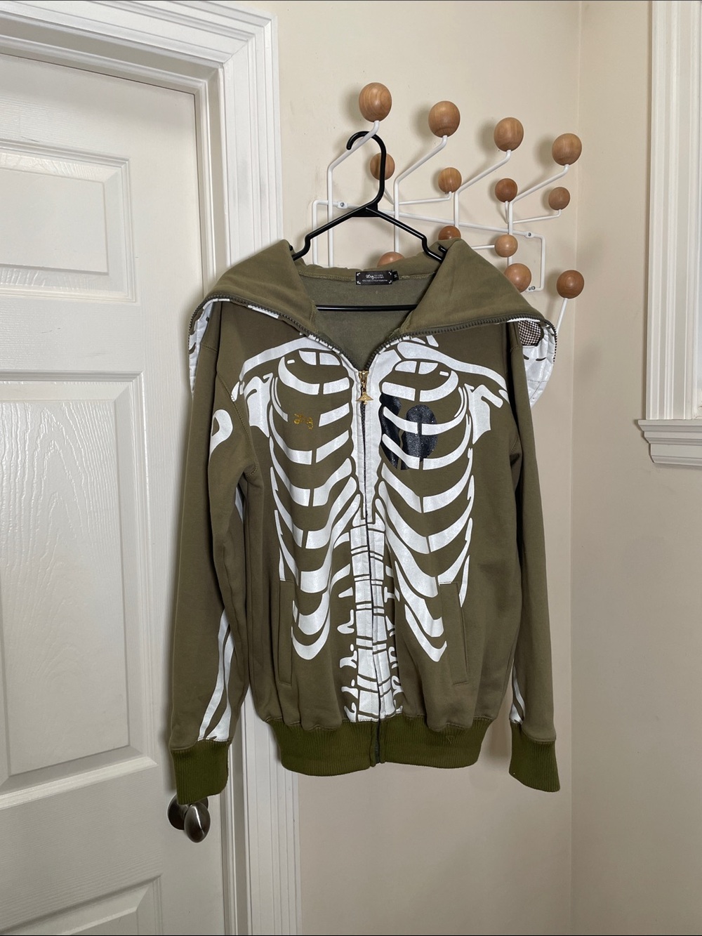 LRG Skeleton Lifted Research Group Zip-Up Hoodie Jacket - Olive Green White - M